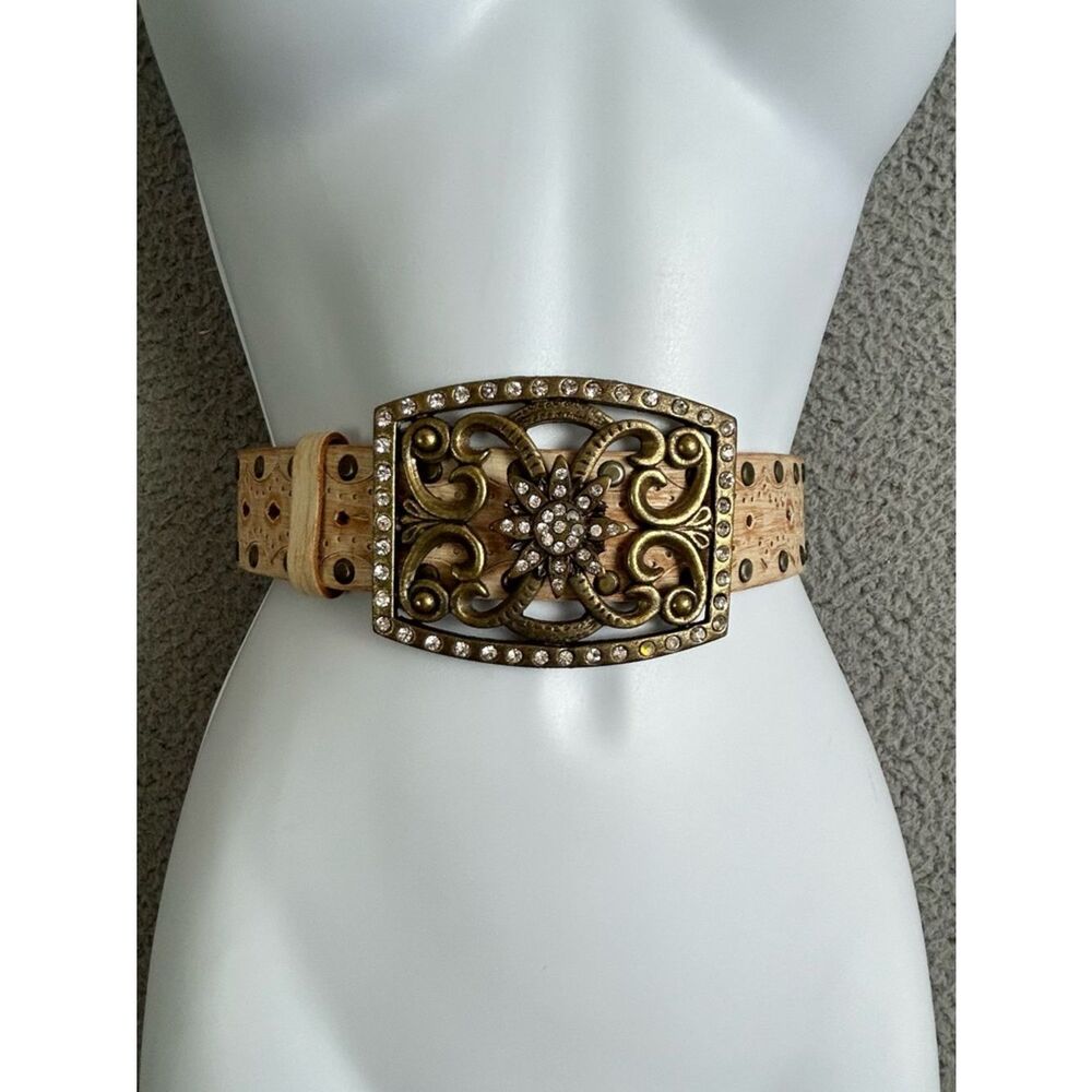 River Island Cream Belt with Ornate Gold-Tone Crystal Buckle size M